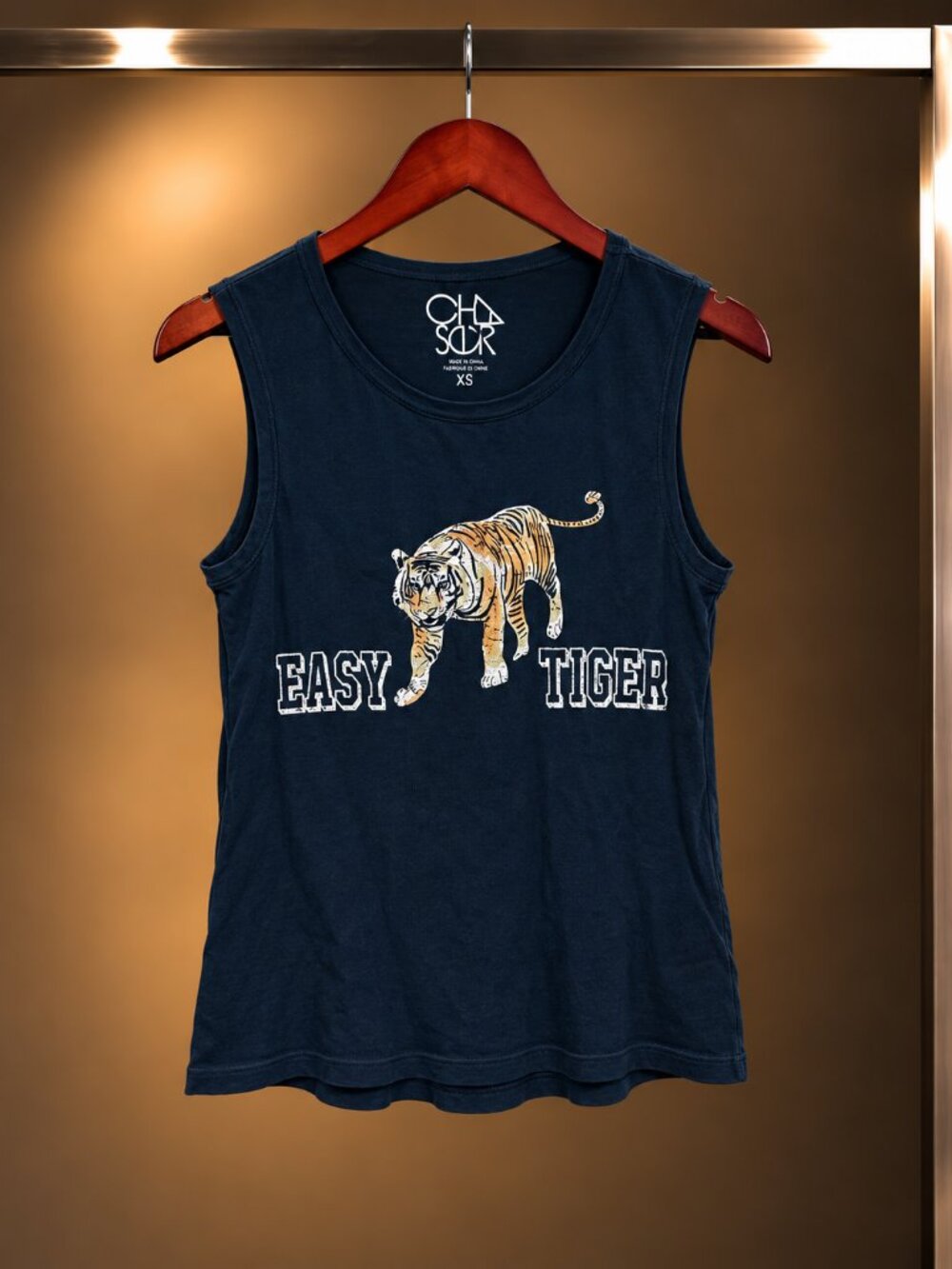 CHASER Easy Tiger Graphic Muscle Tank Faded Black Cotton Size XS